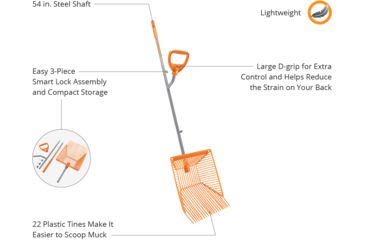 Image of Ergiesystems 22 Plastic Tines Steel Shaft Muck Scoop with Auto Sifting Fork Basket - 54in, Orange ERG-MCKS22