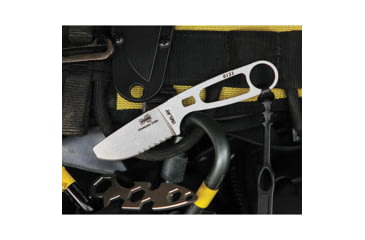 Image of Esee Imlay Rescue Folding Knife, 2.25in Stonewash Partially Serrated 440C SS Blade, One-Piece Construction, Finger Ring, Sheath Includes Retention Strap, Black Nylon Sheath, IMLAY