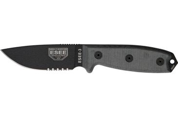 Image of Esee Mdl 3 Fxd Knife, 3.75in, Srtd, Black Micarta Hdl,Pommel, Brown Sheath,clip plate RC3SMB