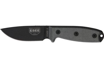 Image of Esee Mdl 3 Stnd Edge Fxd Knife, 3.75in, Black Textured Powder Coated Carbon Steel, Black Linen Micarta Hdl RC3PM