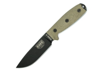 Image of Esee Model 4 3D Fixed Blade Canvas Knife, 4.5 black powder coated 1095HC steel blade, Green canvas micarta handle, 4PB-017