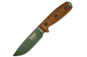 Image of Esee Model 4 OD Green Blade Natural Knife, 4.5 OD green powder coated 1095HC steel blade, Natural canvas micarta handle, 4POD-011