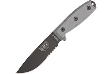 Image of Esee Model 4 Stainless Serrated Fixed Blade Knife, 9in, 4.5in, 440C Steel, Partially Serrated, Drop Point, Black, Linen Micarta Handle, Black Molle Sheath, ESEE-4S-MB-B