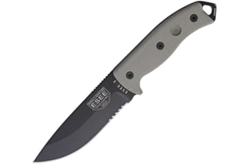 Image of Esee Model 5 Survival Fixed Knife, Sheath, 5.25in, Serrated Black Powder Blade, OD Green Canvas Micarta Handle,Pommel RC5SBK