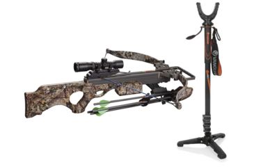 Image of Excalibur Crossbow Matrix Sapphire, Crossbow Mossy Oak Country Pkg, 6860 W/ Vanguard Veo Shooting Stick
