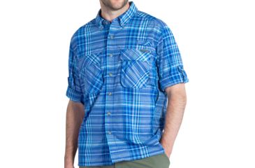 Image of ExOfficio Air Strip Macro Plaid Long Sleeve Shirt - Men's -Prussian-Small