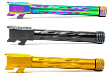 Image of Faxon Firearms Match Series Flame Fluting Glock Gen 5 9mm Threaded Pistol Barrel, Black, Chameleon, TiN