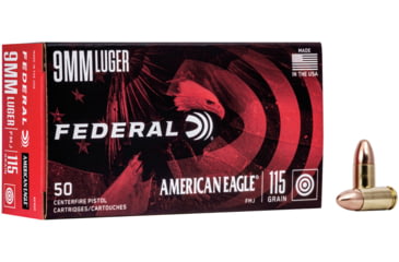 Image of Federal AE 9mm Luger 115 Grain FMJ Brass Cased Centerfire Pistol Ammo, 50 Rounds, FEDEAE9DP