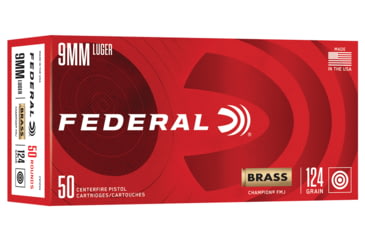 Image of Federal Cartridge/Kinetic Pistol Ammo 9Mm 124 Fmj Champ Brass 50/20, C9124A