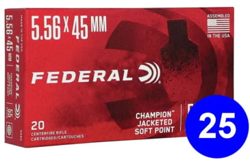 Image of Federal Champion 5.56x45 55 Grain Jacketed Soft Point Brass Case Rifle Ammo, 500 Round