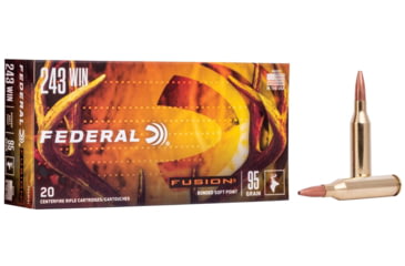 Image of Federal Fushion 243 Winchester 95 Grain Soft Point Brass Rifle Ammo, 20 Rounds, F243TFS1