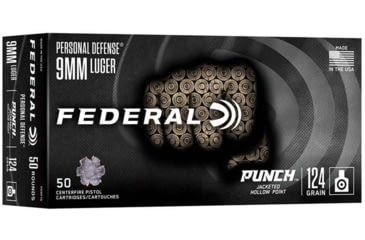 Image of Federal Personal Defense Punch 9mm Luger 124 Grain Jacketed Hollow Point Brass Cased Pistol Ammo, 50 Rounds, PD9P1G
