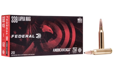 Image of Federal American Eagle Rifle .338 Lapua Magnum 250 Grain Full Metal Jacket Brass Cased Soft Points Rifle Ammo, 20 Rounds, AE338L