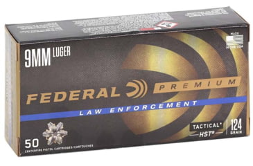 Image of Federal Premium 9 mm Luger, 124 Grain, Jacketed Hollow Point JHP, Brass Cased, Centerfire Pistol Ammo, 50 Rounds, P9HST1