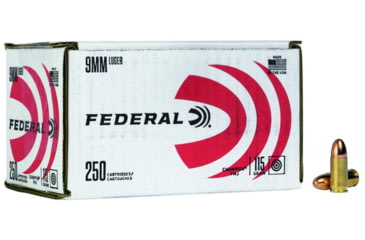 Image of Federal Premium 9mm Luger 115 Grain Full Metal Jacket Brass Centerfire Pistol Ammo, 250 Rounds, C9115A250