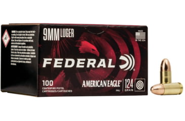 Image of Federal Premium 9mm Luger 124 Grain FMJ Brass Centerfire Pistol Ammo, 100 Rounds, AE9AP100