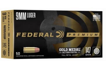 Image of Federal Premium 9mm Luger 147 Grain FMJ Gold Medal Action Brass Centerfire Pistol Ammo, 50 Rounds, GM9AP1