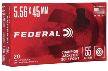 Image of Federal Champion 5.56x45 55 Grain Jacketed Soft Point Brass Case Rifle Ammo, 20 Rounds, 556A