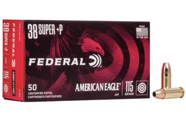 Image of Federal Premium American Eagle 38 Super +P 115 Grain Jacketed Hollow Point Brass Centerfire Pistol Ammo, 50 Rounds, AE38S3