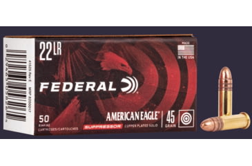 Image of Federal Premium American Eagle Rimfire Suppressor .22 Long Rifle 45 Grain Copper Plated Round Nose Rimfire Ammo, 50 Rounds, AE22SUP1