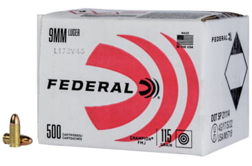 Image of Federal Premium Champion Training 9mm Luger 115 Grain Full Metal Jacket Brass Cased Centerfire Pistol Ammo, 500 Rounds, C9115A500
