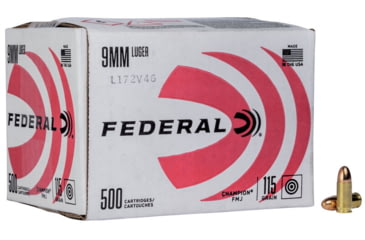 Image of Federal Premium Champion Training 9mm Luger 115 Grain Full Metal Jacket Brass Cased Pistol Ammo, 500 Rounds, C9115A500