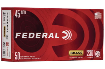Image of Federal Premium, .45 ACP, 230 grain, Full Metal Jacket, Brass, Centerfire Pistol Ammo, 50 Rounds, WM5233