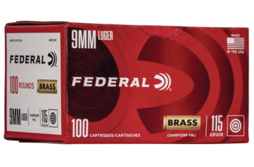 Image of Federal Premium, 9 mm Luger, 115 grain, Full Metal Jacket, Brass, Centerfire Pistol Ammo, 100 Rounds, WM51991