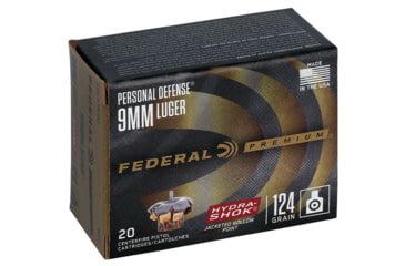 Image of Federal Premium Federal Premium, 9 mm Luger, 124 Grain, Hydra-Shok Jacketed Hollow Point, Brass, Centerfire Pistol Ammo, 20 Rounds, P9HS1