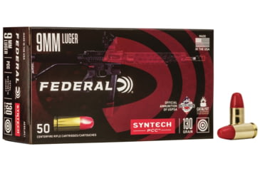 Image of Federal Premium Syntech PCC 9mm Luger 130 Grain Syntech Jacket Flat Nose Brass Centerfire Pistol Ammo, 50 Rounds, AE9SJPC1