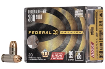Image of Federal Premium .380 ACP 99 Grain Hydra-Shok Deep Jacketed Hollow point Brass Centerfire Pistol Ammo, 20 Rounds, P380HSD1