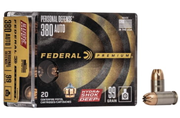 Image of Federal Premium Personal Defense Pistol Ammo, .380 ACP, Hydra-Shok Deep Jacketed Hollow Point, 99 grain, 20 Rounds, P380HSD1