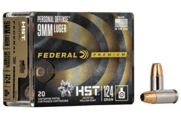 Image of Federal Premium Personal Defense HST 9mm Luger 124 Grain Jacketed Hollow Point Nickel-Plated Cased Centerfire Pistol Ammo, 20 Rounds, P9HST1S