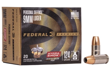 Image of Federal Premium Personal Defense Pistol Ammo, 9 mm Luger, Hydra-Shok Jacketed Hollow Point, 124 grain, 20 Rounds, P9HS1