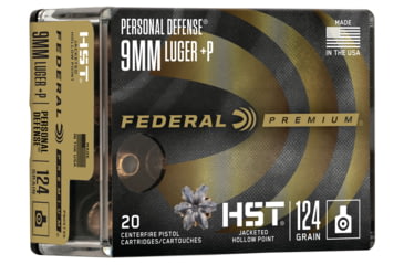 Image of Federal Premium Personal Defense HST 9mm Luger +P 124 Grain Jacketed Hollow Point Nickel-Plated Cased Centerfire Pistol Ammo, 20 Rounds, P9HST3S