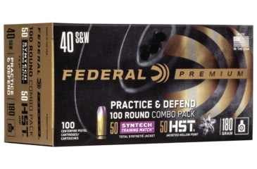 Image of Federal Premium Practice &amp; Defend 40 S&amp;W 180 Grain HST JHP/Syntech TSJ Centerfire Pistol Ammo, 100 Rounds, P40HST1TM100