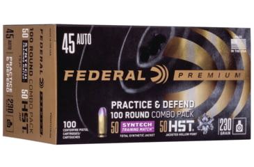 Image of Federal Premium Practice &amp; Defend 45 Auto 230 Grain HST JHP/Syntech TSJ Centerfire Pistol Ammo, 100 Rounds, P45HST2TM100