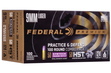 Image of Federal Premium Practice &amp; Defend 9mm Luger 124 Grain Syntech Total Synthetic Jacket Centerfire Pistol Ammo, 100 Rounds, P9HST1TM100