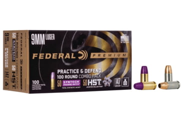 Image of Federal Premium Practice &amp; Defend 9mm Luger 147 Grain HST JHP/Syntech TSJ Pistol Ammo, 100 Rounds, P9HST2TM100