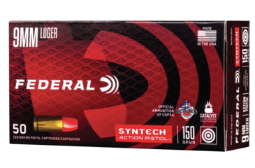 Image of Federal Premium Syntech Action Pistol 9mm Luger 150 Grain Syntech Jacket Flat Nose Brass Cased Centerfire Pistol Ammo, 50 Rounds, AE9SJAP1