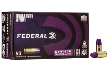 Image of Federal Premium Syntech Training Match Pistol Ammo, 9 mm Luger, Syntech Total Synthetic Jacket, 124 grain, 50 Rounds, AE9SJ4