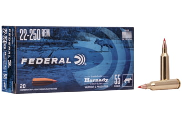 Image of Federal Premium Varmint &amp; Predator 22-250 Rem 55 Grain Hornady V-Max Brass Centerfire Rifle Ammo, 20 Rounds, V22250VM2
