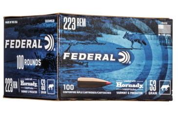 Image of Federal Premium Varmint &amp; Predator 223 Rem 53 Grain Hornady V-Max Brass Cased Centerfire Rifle Ammo, 100 Rounds, V223VM53B