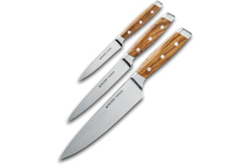 Image of FELIX 3-Piece Olivewood Knife Set, Satin X50CrMoV15, 8in Blade Chef's/7in Blade Utility/4in Blade Paring, Olive Wood Handle, 830333