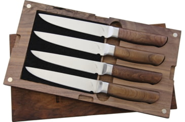 Image of Ferrum Reserve 4pc Steak Set Kitchen Knives, 9in Overall, 5in Satin Steel Blade, Reclaimed Hardwood Handle, Set Of Four Steak Knives, Wooden Gift Box, RSRV-SET-0400
