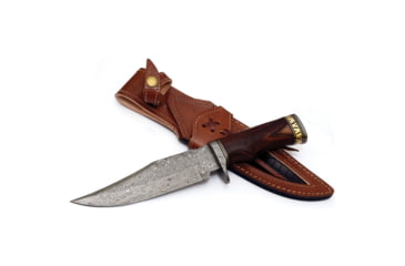 Image of FH Knives Damascus Clip Point Bowie Knife, 11.75in Overall, 7in Damascus Steel Clip Point Blade, Brown Wood Handle, Leather Sheath, HFZBOWIE-001