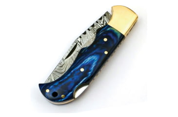 Image of FH Knives Damascus Blue Folding Knife, 3.75in Closed, 2.75in Damascus Steel Clip Point Blade, Blue Pakkawood Handle, Leather Sheath, BLUE-001