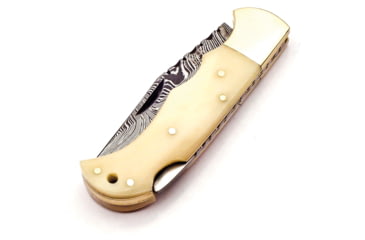 Image of FH Knives Damascus Bone Folding Knife, 3.75in Closed, 2.75in Damascus Steel Clip Point Blade, Natural Smooth Bone Handle, Leather Sheath, BONE-001