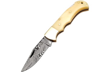 Image of FH Knives Damascus Bone Folding Knife, 3.75in Closed, 2.75in, Damascus Steel Clip Point Blade, Natural Smooth Bone Handle, Leather Sheath, BONE-001
