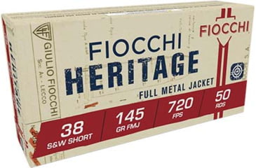 Image of Fiocchi Cowboy Action Heritage .38 S&amp;W Short 145 Grain Full Metal Jacket Brass Cased Centerfire Pistol Ammo, 50 Rounds, 38SWSHA